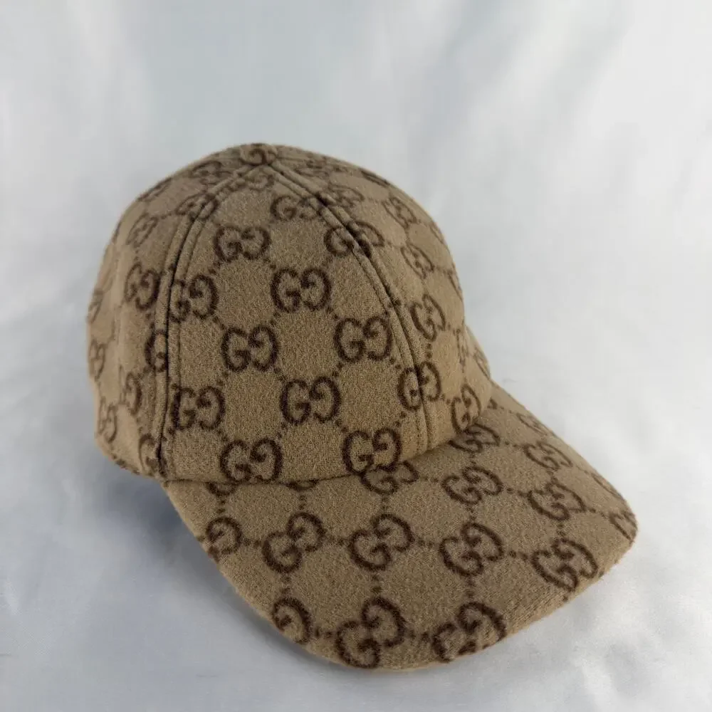 Gucci Jumbo GG Monogram Wool Felt Baseball Cap Beige Brown Size Medium 57cm